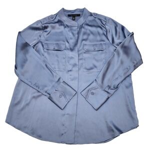 WHBM Long Sleeve Collar Pocket Shirt Button-Up in Steel Blue Satin Sz L  NWT